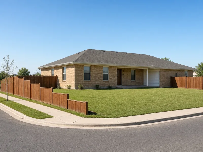 Corner-lot brick home with cedar fence stepped down near the street corner, Levelland, TX