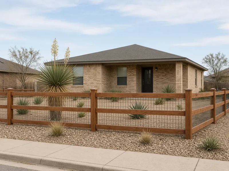 Front yard ranch-rail cedar fence with welded wire infill and xeriscape, Levelland, TX