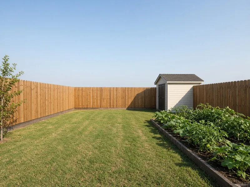 Cedar privacy fence with kickboard around a backyard with shed and garden bed