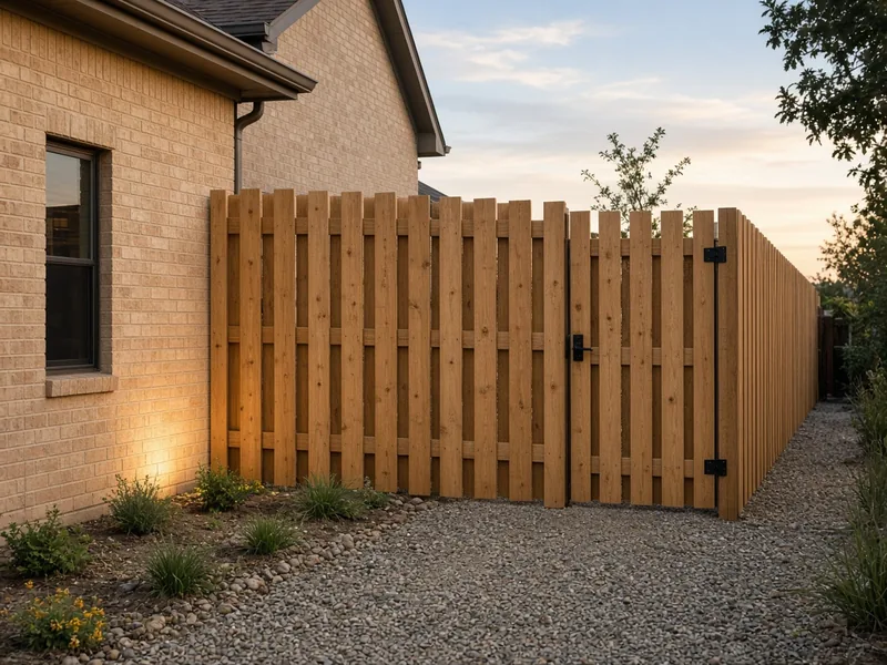 Finished shadowbox cedar fence and walk gate beside a beige brick home