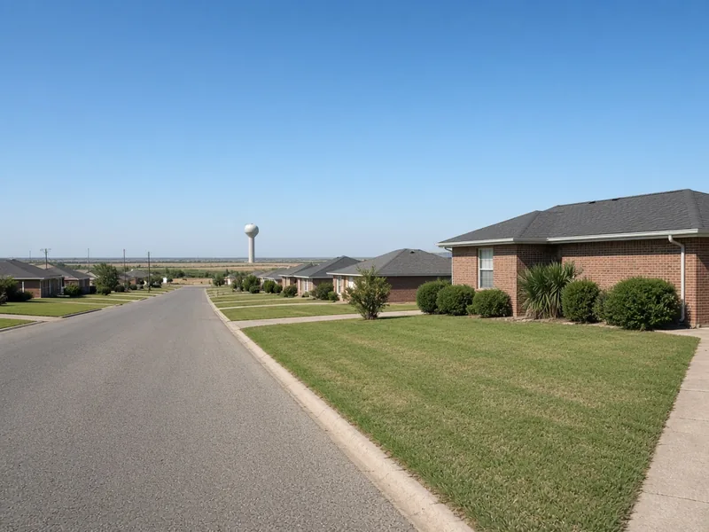 Quiet residential street of brick homes with a water tower on the horizon, Levelland, TX